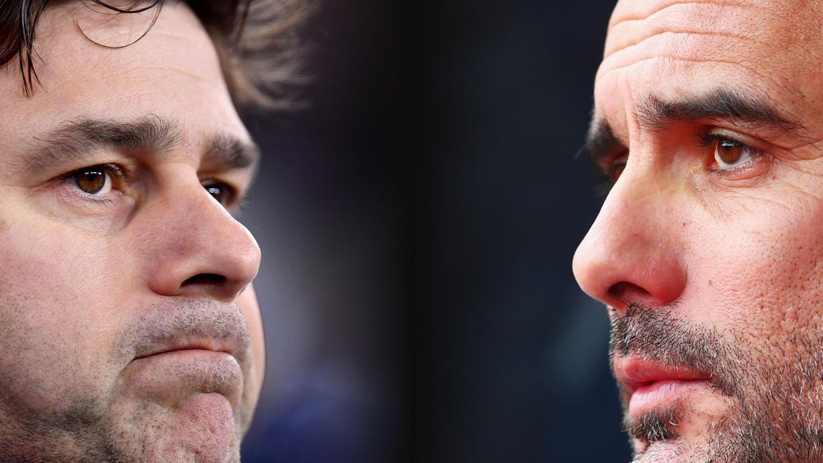 a comparison has been made between Mauricio Pochettino, Manager of Tottenham Hotspur (L) and Josep Guardiola, Manager of Manchester City