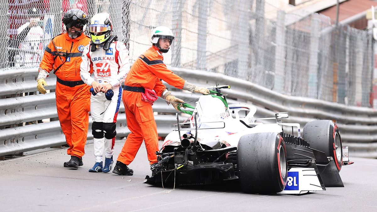 Mick Schumacher of Germany and Haas F1 walks away from his car after crashing during final practice prior to the F1 Grand Prix of Monaco at Circuit de Monaco on May 22, 2021 in Monte-Carlo, Monaco