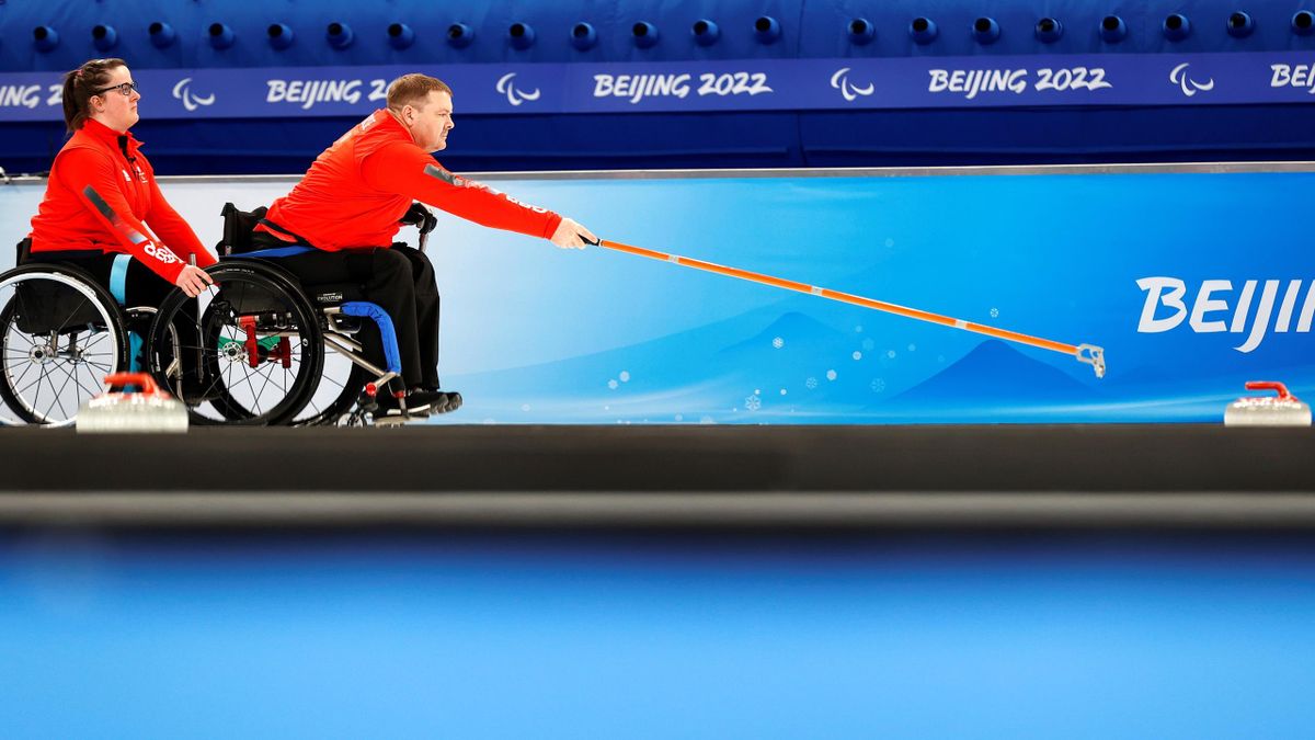 David Melrose #2 of Team Great Britain competes in the Mixed Wheelchair Curling Round Robin Match between Great Britain and Sweden during Day Four of the Beijing 2022 Winter Paralympics at National Aquatics Centre on March 08, 2022 in Beijing