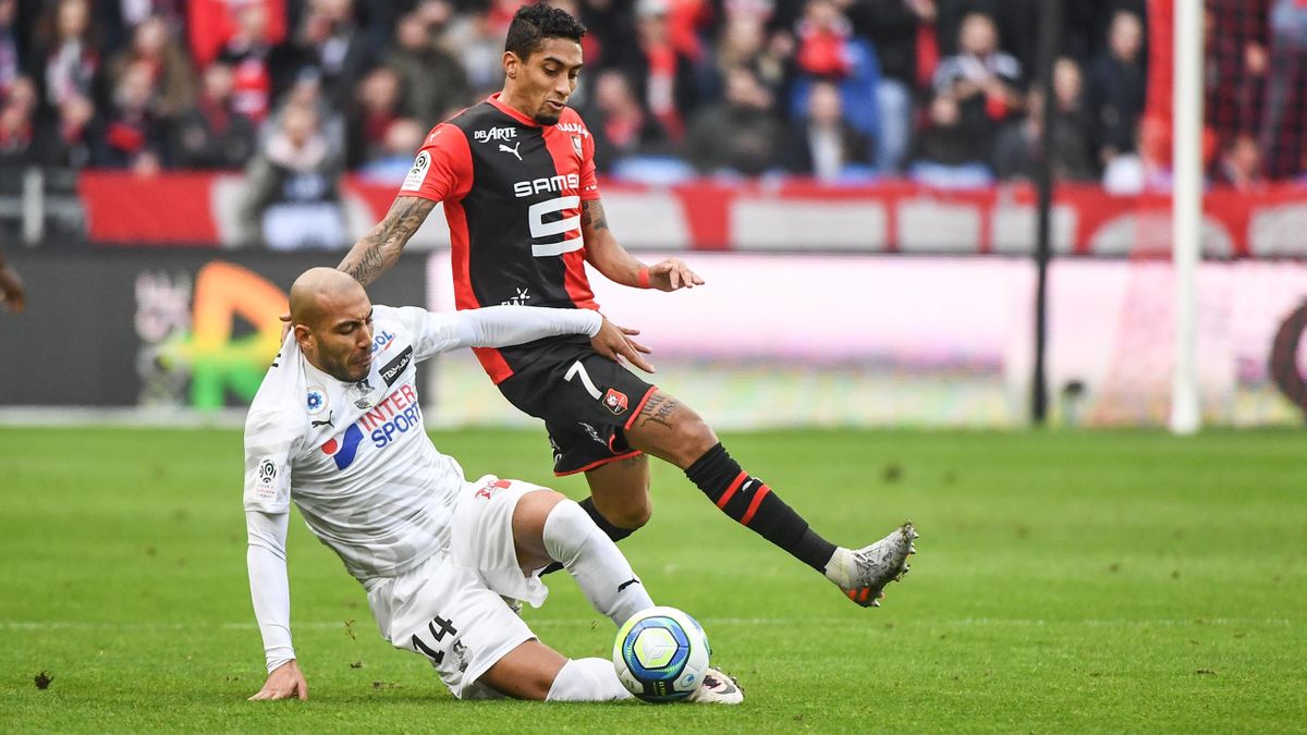 Haitam ALEESAMI of Amiens and RAPHINHA of Rennes during the Ligue 1 match between Rennes and Amiens at Roazhon Park on November 10, 2019