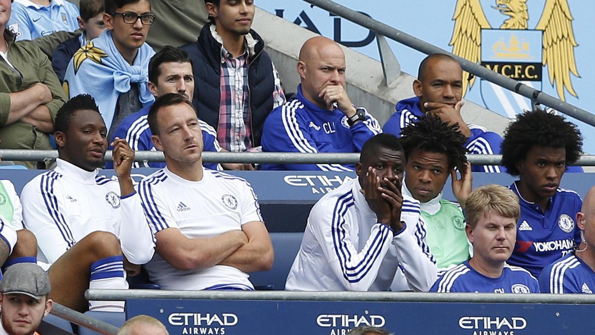 Chelsea's John Terry sat on the bench after being substituted at half time as John Obi Mikel, Ramires, Loic Remy and Willian look on