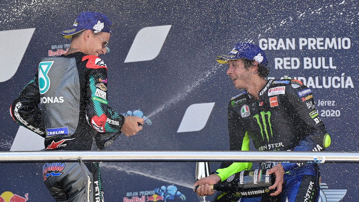 La festa sul podio per Valentino Rossi e Fabio Quartararo, GP Andalusia, MotoGP, Getty Images