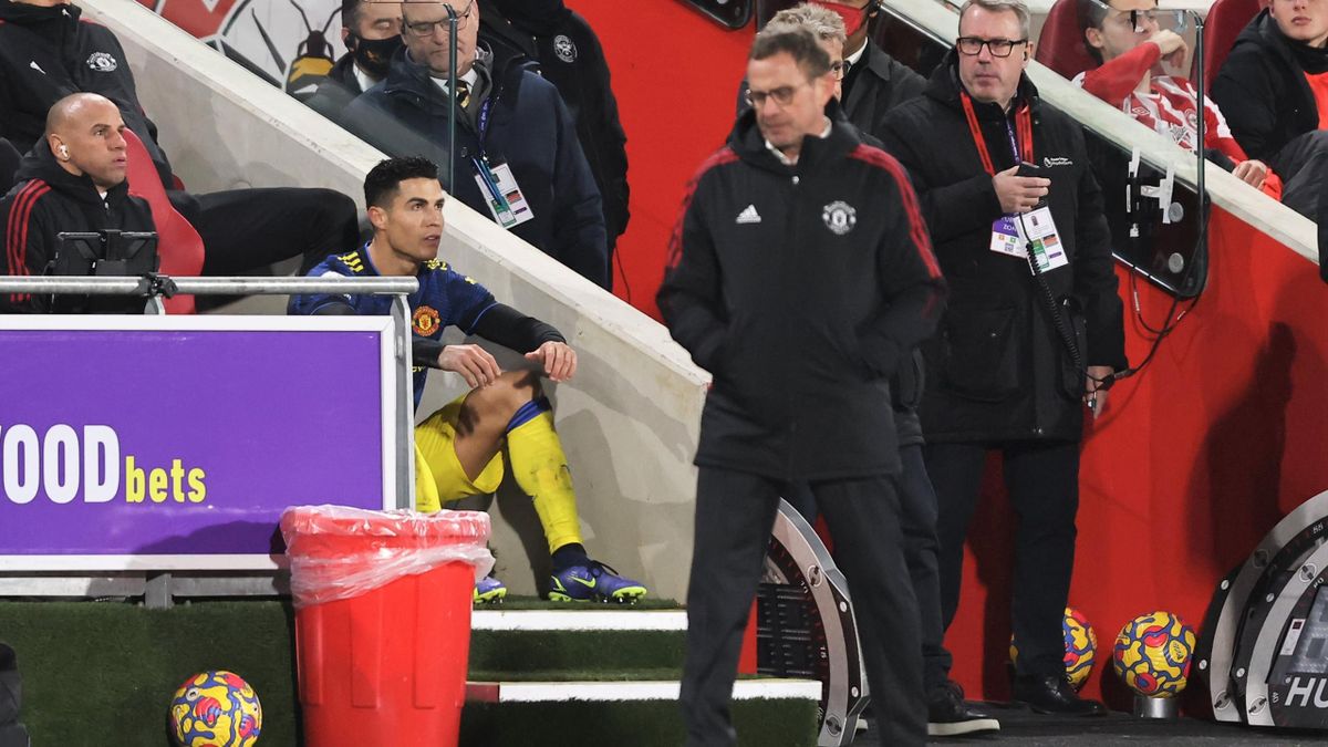 Cristiano Ronaldo of Manchester United reacts after being substituted by Manchester United interim manager Ralf Rangnick during the Premier League match between Brentford and Manchester United at Brentford Community Stadium on January 19, 2022