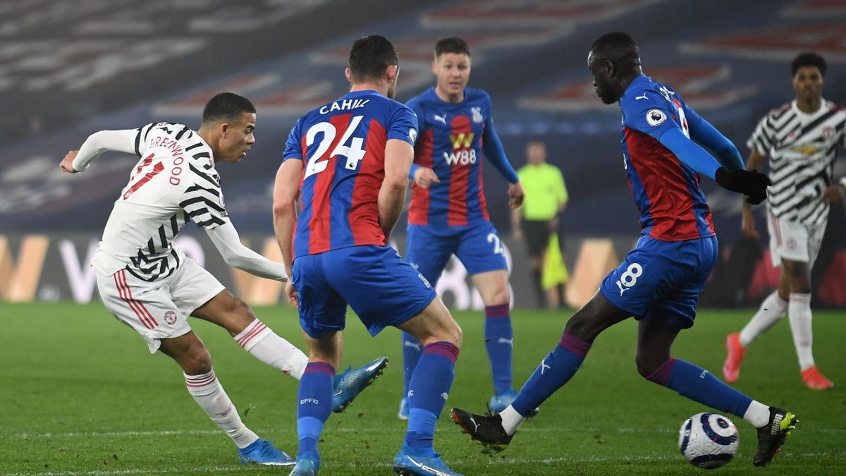 Manchester United's English striker Mason Greenwood (L) shoots but has his shot blocked during the English Premier League football match between Crystal Palace and Manchester United at Selhurst Park in south London on March 3, 2021