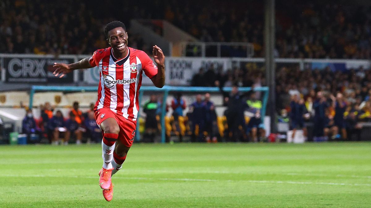 Nathan Tella of Southampton celebrates after scoring against Newport County, Carabao Cup, Rodney Parade, Newport, Wales, August 25, 2021