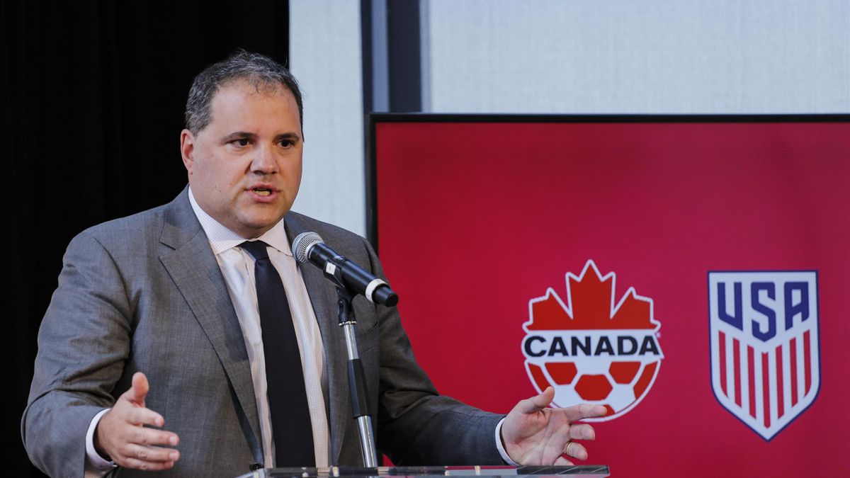 Victor Montagliani CONCACAF President speaks during a press conference announcing the next soccer 2026 World Cup in North America on April 10, 2017 at the One World Trade Center in New York. The United States, Mexico and Canada announced a joint bid to st