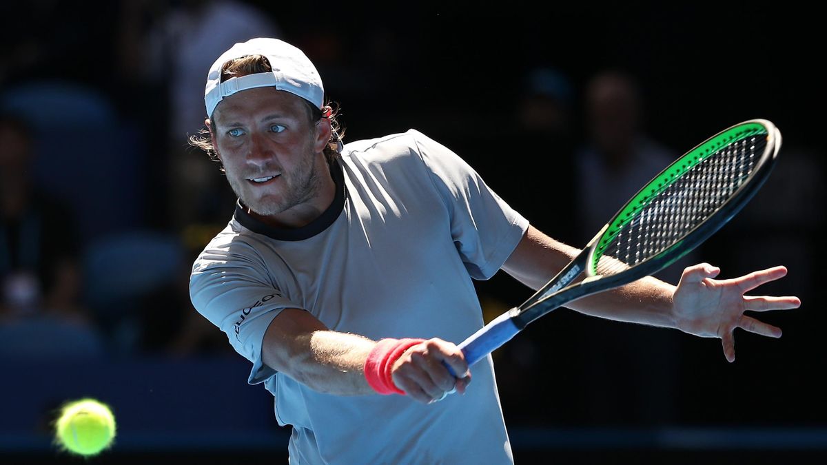 Lucas Pouille of France plays a backhand to David Ferrer of Spain during day seven of the 2019 Hopman Cup at RAC Arena on January 04, 2019 in Perth, Australia.