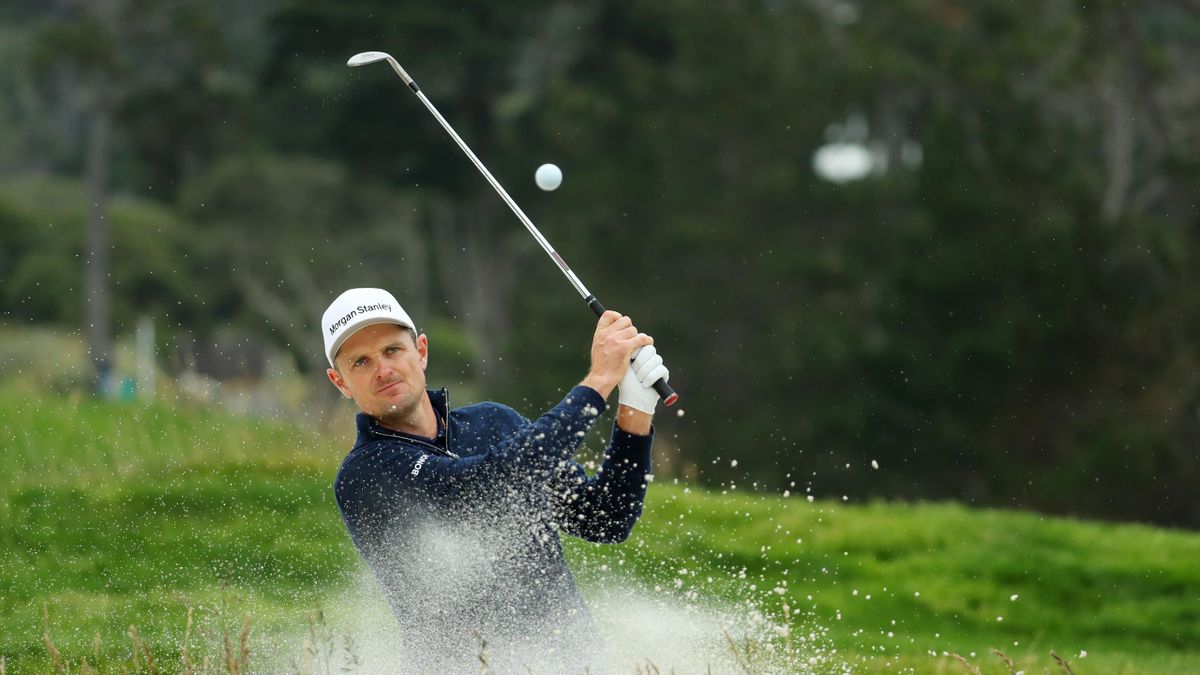Justin Rose of England plays a shot from a bunker on the 13th hole during the final round of the 2019 U.S. Open at Pebble Beach Golf Links on June 16, 2019 in Pebble Beach, California.