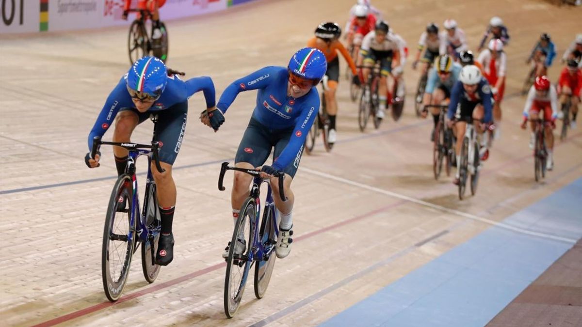 Letizia Paternosater e Elisa Balsamo nella Madison, o Americana, ai Mondiali di ciclismo su pista a Berlino 2020