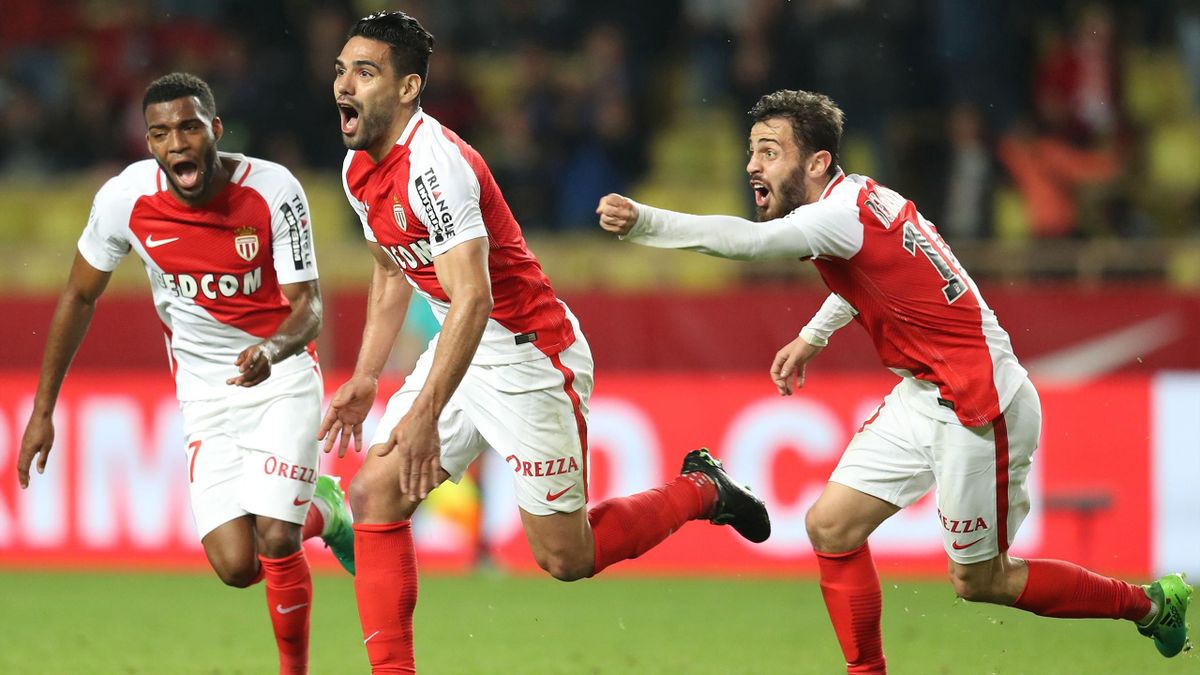 La joie de Thomas Lemar, Radamel Falcao et Bernardo Silva lors de Monaco-Dijon (2-1), le 15 avril 2017.