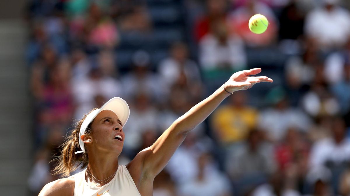 Madison Keys of the United States serves during her women's singles third round match against Aleksandra Krunic of Serbia on Day Six of the 2018 US Open at the USTA Billie Jean King National Tennis Center on September 1, 2018 in the Flushing neighborhood