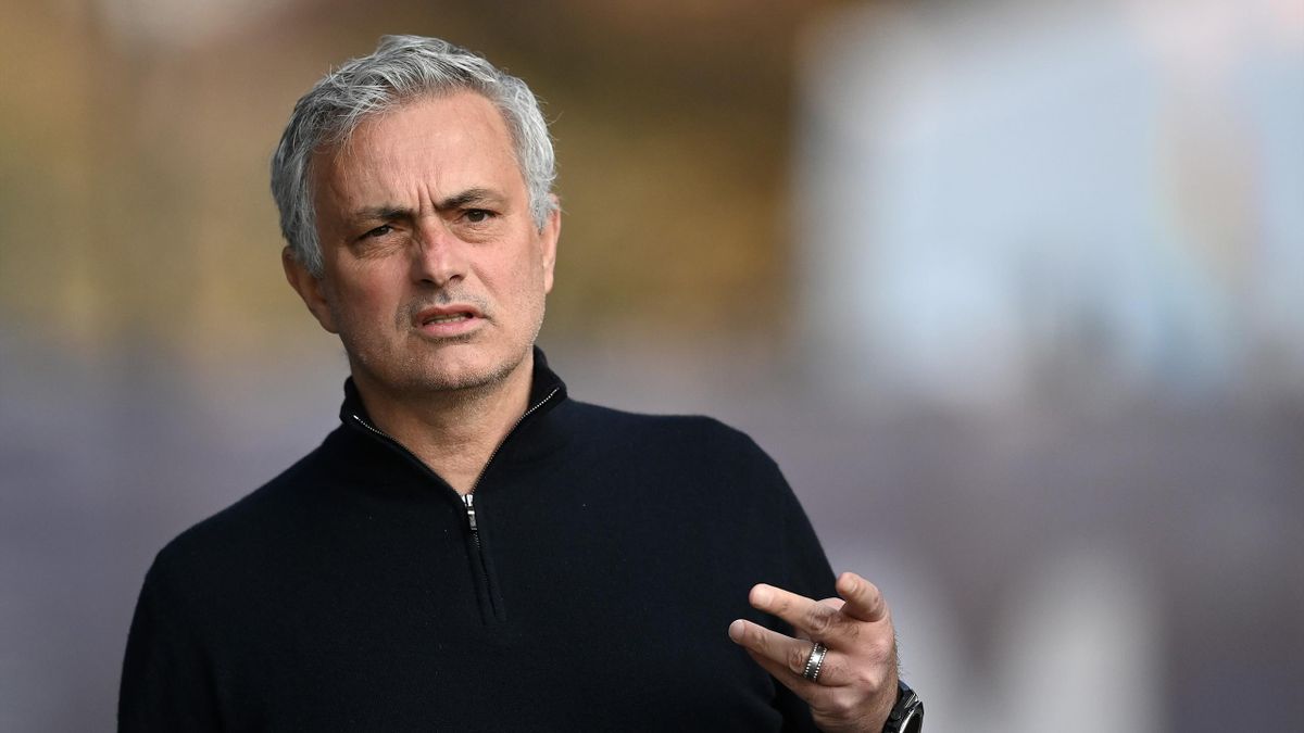 Jose Mourinho, Manager of Tottenham Hotspur reacts prior to the Premier League match between Everton and Tottenham Hotspur at Goodison Park on April 16, 2021 in Liverpool, England