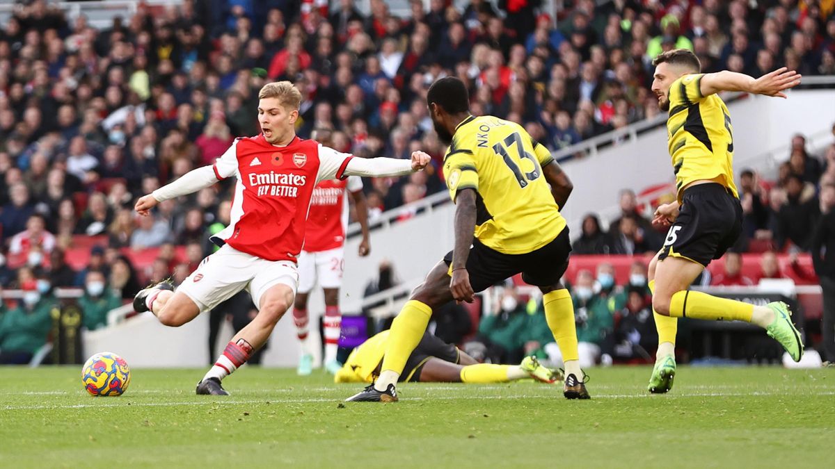 Emile Smith Rowe of Arsenal scores their side's first goal during the Premier League match between Arsenal and Watford at Emirates Stadium