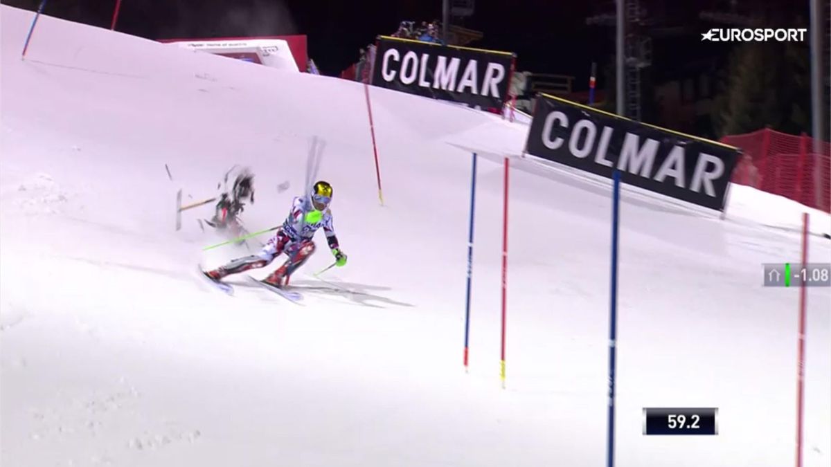 Marcel Hirscher almost hit by TV camera drone