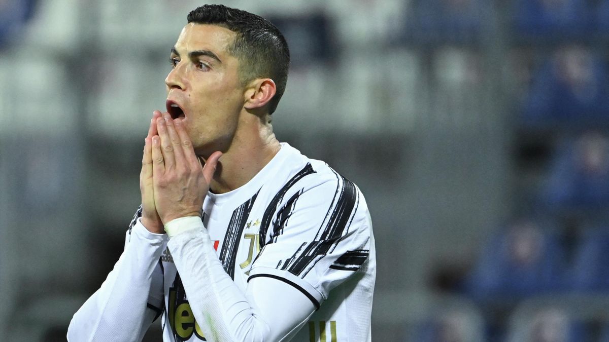 Juventus' Portuguese forward Cristiano Ronaldo reacts after missing a goal opportunity during the Italian Serie A football match Cagliari vs Juventus on March 14, 2021 at the Sardegna Arena in Cagliari