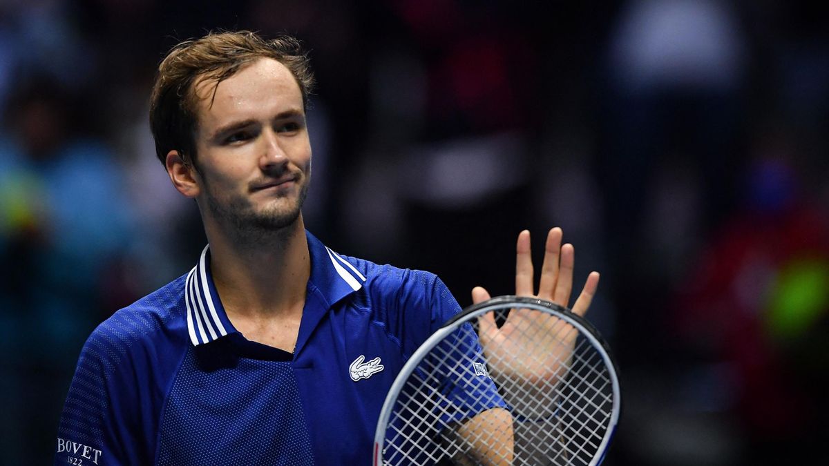 Russia's Daniil Medvedev celebrates after defeating Norway's Casper Ruud during their semi-final match of the ATP Finals at the Pala Alpitour venue in Turin on November 20, 2021