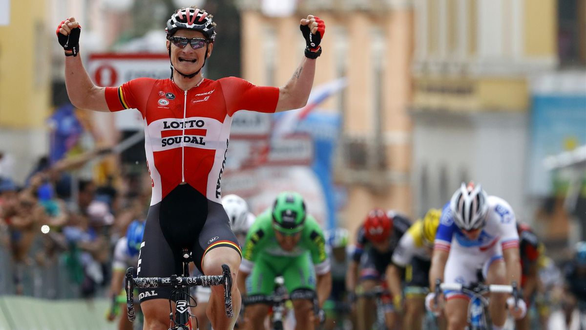 German cyclist Andre Greipel of Lotto Soudal team celebrates as he crosses the finish line at the end of the 233km fifth stage between Praia a Mare and Benevento, during the 99th Giro d'Italia, Tour of Italy, on May 11, 2016 in Benevento.