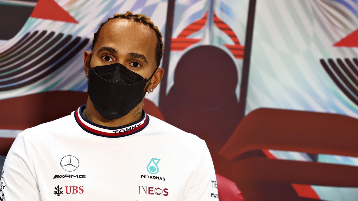 Lewis Hamilton of Great Britain and Mercedes talks in the Drivers Press Conference during Day Three of F1 Testing at Bahrain International Circuit on March 12, 2022 in Bahrain, Bahrain.