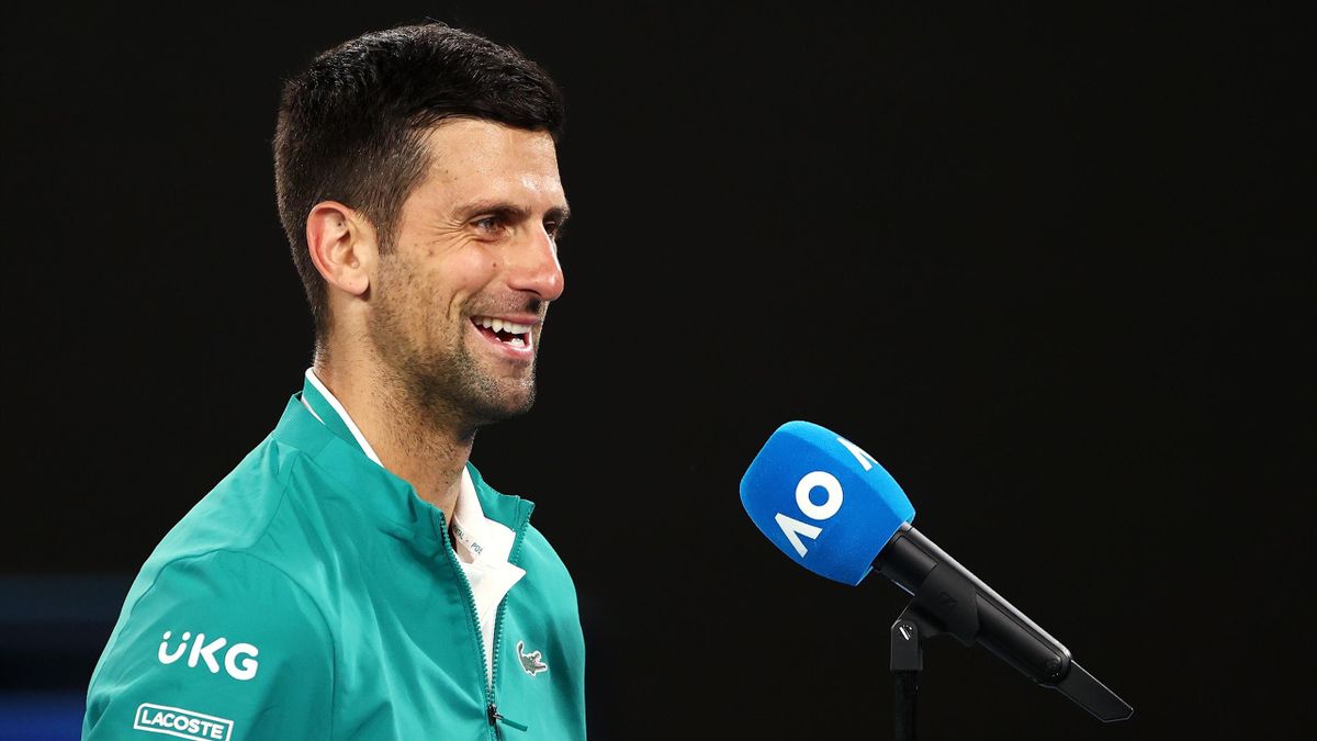 Novak Djokovic of Serbia is interviewed after winning his Men's Singles fourth round match against Milos Raonic of Canada during day seven of the 2021 Australian Open at Melbourne Park