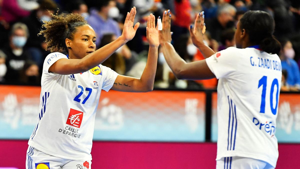 France's left back Estelle Nze Minko and France's centre back Grace Zaadi Deuna celebrate after scoring a goal during the preliminary round group A handball match between France and Montenegro of the Women's Handball World Championship