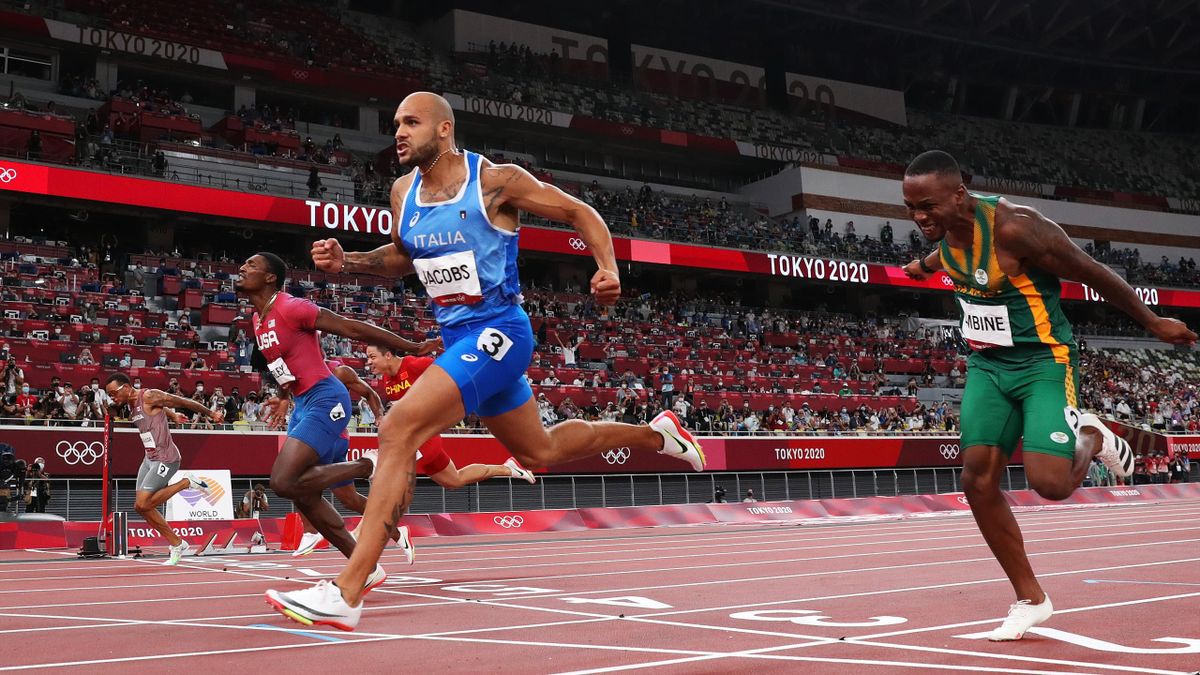 Lamont Marcell Jacobs of Team Italy wins the Men's 100m Final on day nine of the Tokyo 2020 Olympic Games at Olympic Stadium on August 01, 2021 in Tokyo, Japan.