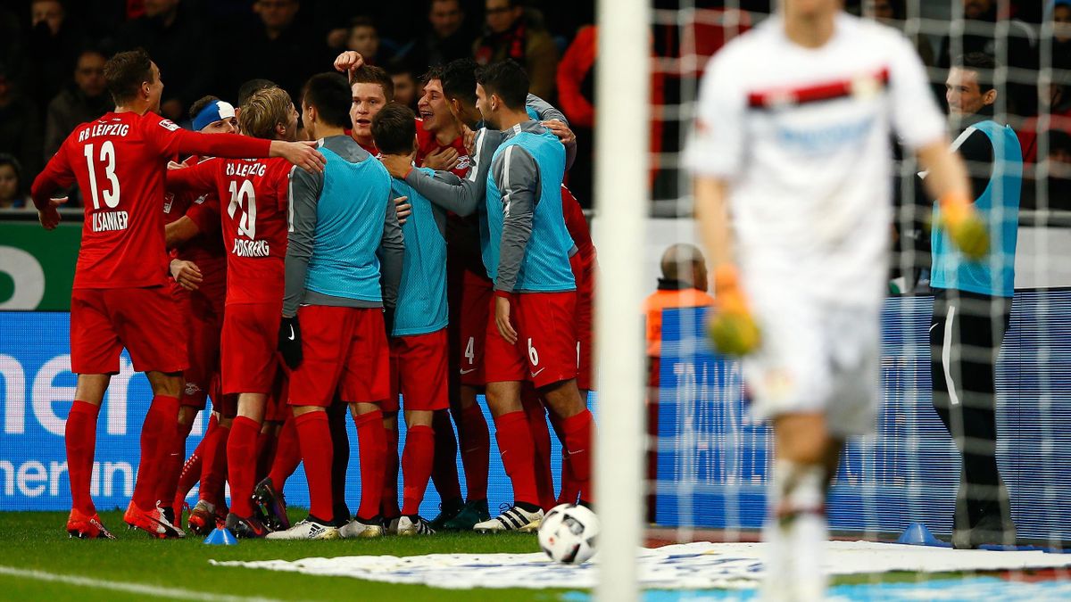 Leverkusen's Bernd Leno reacts after Leipzig's Willi Orban scored a goal
