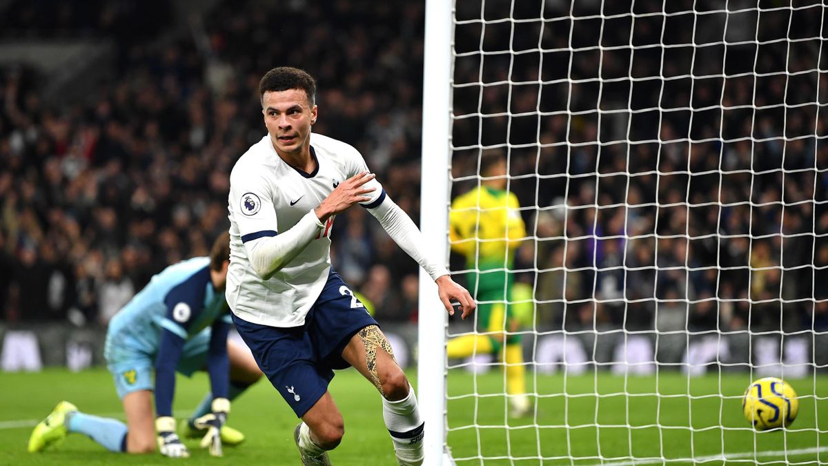 Dele Alli of Tottenham Hotspur celebrates after scoring his team's first goal during the Premier League match between Tottenham Hotspur and Norwich City at Tottenham Hotspur Stadium on January 22, 2020 in London, United Kingdom