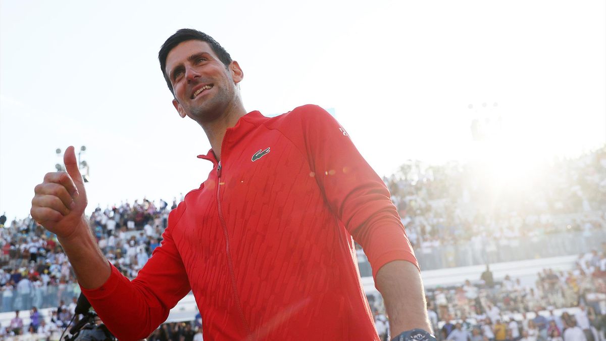 Novak Djokovic of Serbia celebrates after their victory against Stefanos Tsitsipas of Greece during the Men's Single's Final on Day 8 of the Internazionali BNL D'Italia at Foro Italico on May 15, 2022 in Rome