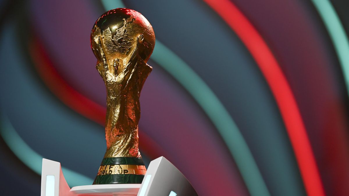 The World Cup trophy is seen during rehearsal ahead of the FIFA World Cup Qatar 2022 Final Draw at Doha Exhibition Center on April 01, 2022 in Doha, Qatar
