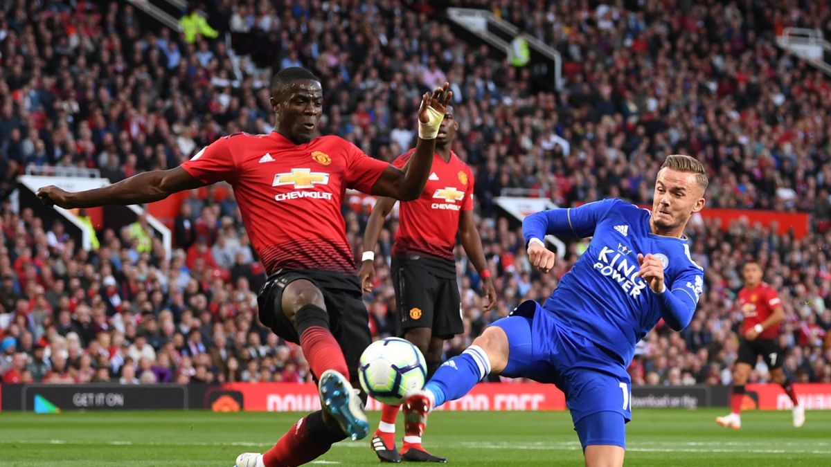 Eric Bailly of Manchester United and James Maddison of Leicester City battle for possession during the Premier League match between Manchester United and Leicester City at Old Trafford on August 10, 2018 in Manchester, United Kingdom. (Photo by Michael Re