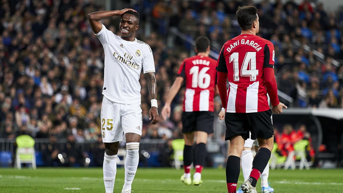 MADRID, SPAIN - DECEMBER 22: Vinicius Jr of Real Madrid reacts after missing a chance during the Liga match between Real Madrid and Athletic Bilbao on December 22, 2019 in Madrid, Spain.