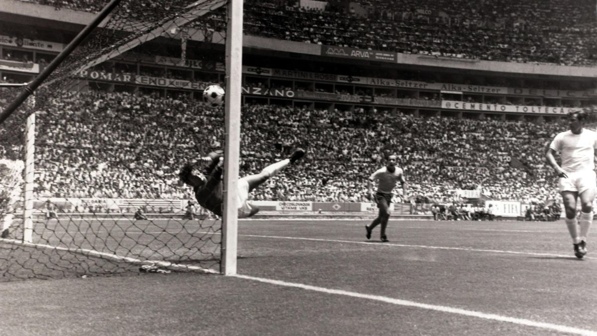 1970 World Cup Finals. Guadalajara, Mexico. Brazil 1 v England 0. 7th June 1970. England goalkeeper Gordon Banks makes his spectacular save from a 'goalbound' header from Brazil's Pele