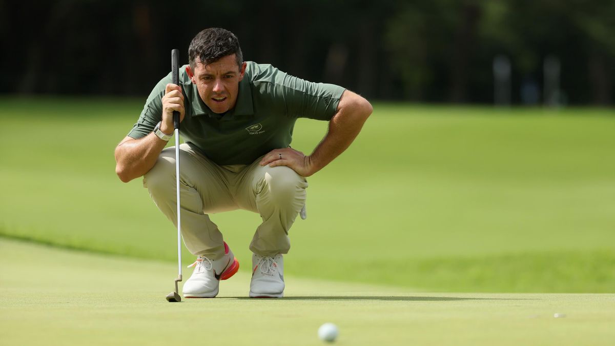 Rory McIlroy lines up a putt at the Tokyo 2020 Olympics golf, t Kasumigaseki Country Club, July 30, 2021