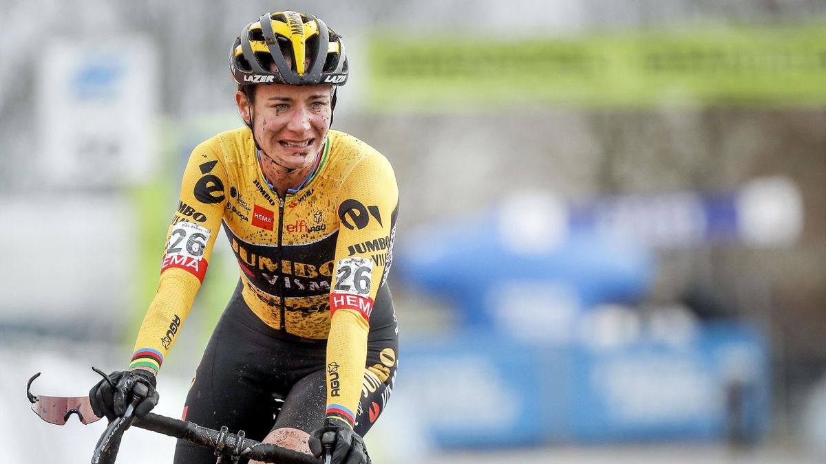 etherlands' Marianne Vos reacts as she wins the National Cyclo-cross Championships in Rucphen on January 9, 2022