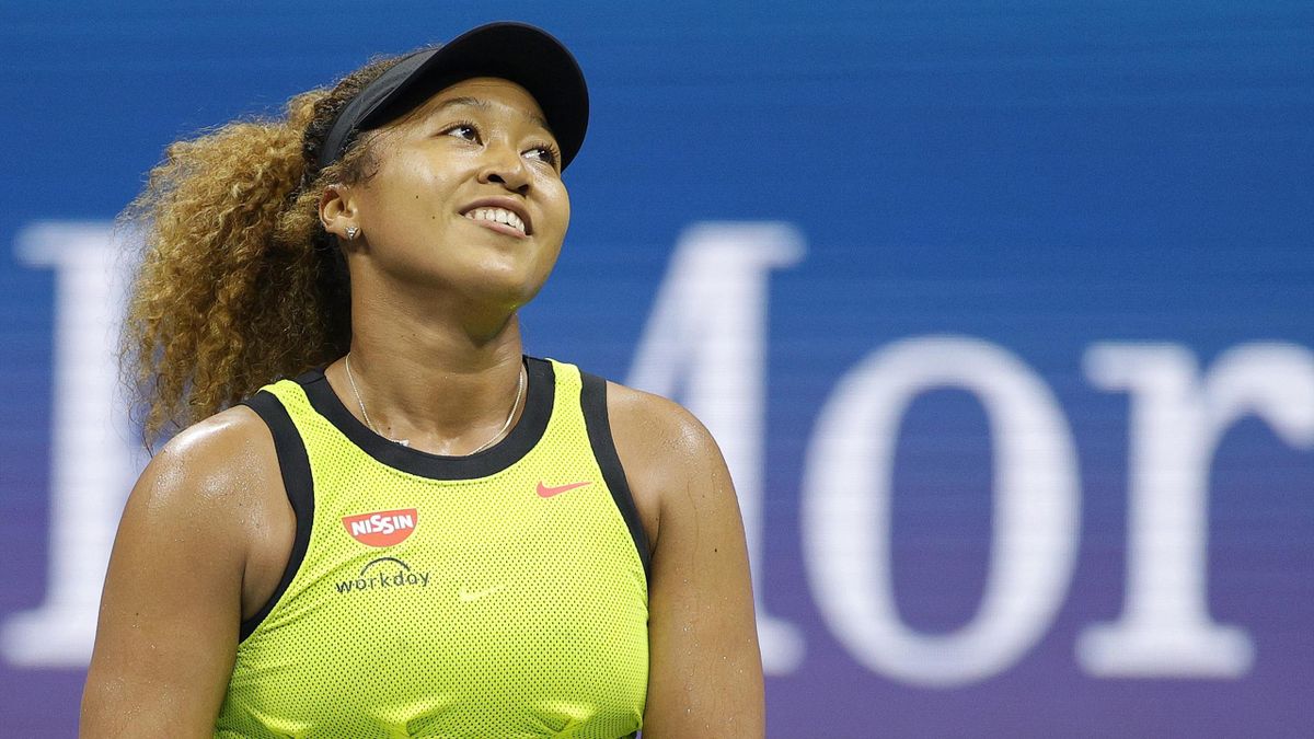 Naomi Osaka of Japan reacts against Marie Bouzkova of Czech Republic during their women's singles first round match on Day One of the 2021 US Open
