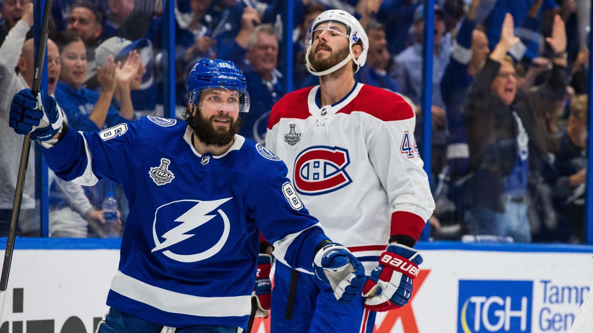Nikita Kucherov #86 of the Tampa Bay Lightning celebrates his goal against the Montreal Canadiens during the third period in Game One of the Stanley Cup Final of the 2021 Stanley Cup Playoffs at Amalie Arena on June 25, 2021 in Tampa, Florida
