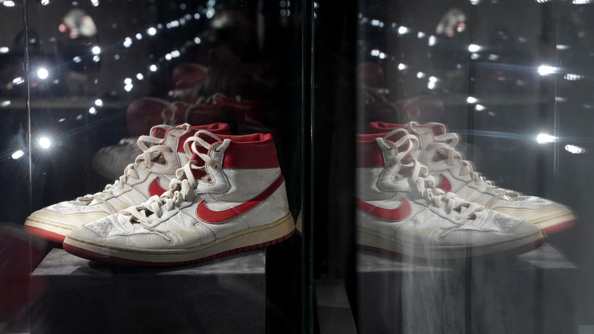 The Air Ship, MJ Player Exclusive, Game-Worn Sneaker Nike, 1984, Left Shoe: Size 13.5, Right Shoe: Size 13, High-Top on display during a press preview July 24, 2020 at Christie's New York. - Christies and Stadium Goods have partnered to offer a unique sne
