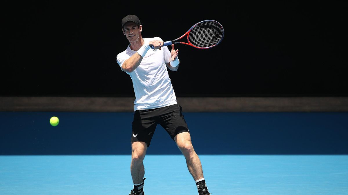 Andy Murray of Great Britain plays a shot during a practice session ahead of the 2019 Australian Open at Melbourne Park on January 12, 2019 in Melbourne, Australia.