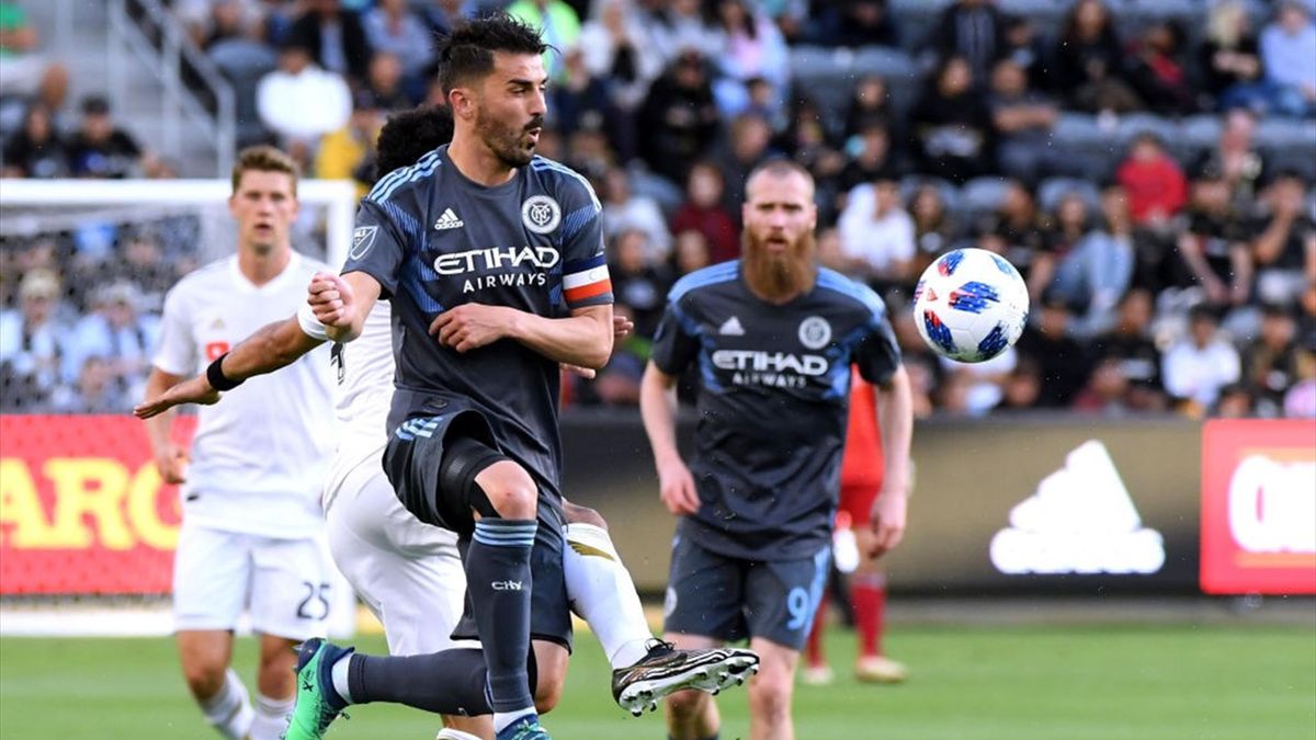 LOS ANGELES, CA - MAY 13: David Villa #7 of New York City jumps to take a pass during the second half against Los Angeles FC at Banc of California Stadium on May 13, 2018 in Los Angeles, California. The game ended 2-2. (Photo by Harry How/Getty Images)