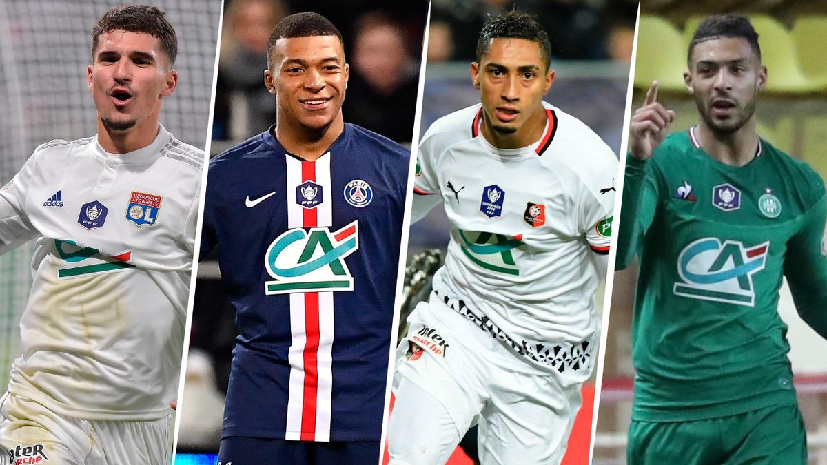 Houssem Aouar, Kylian Mbappé, Raphinha et Denis Bouanga, acteus des demi-finales de la Coupe de France 2020.