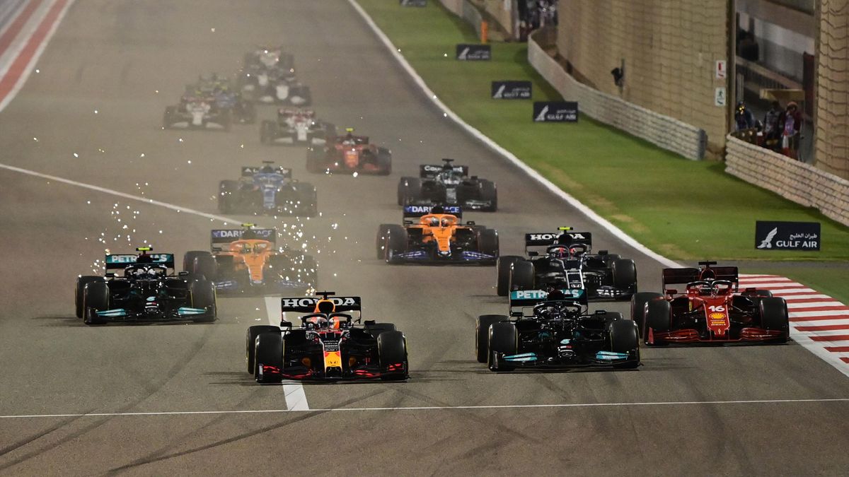 Red Bull's Dutch driver Max Verstappen leads the pack at the start of the Bahrain Formula One Grand Prix at the Bahrain International Circuit in the city of Sakhir on March 28, 2021. (Photo by ANDREJ ISAKOVIC / AFP) (Photo by ANDREJ ISAKOVIC/AFP via Getty