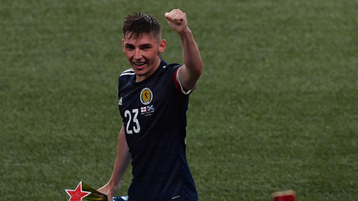 Billy Gilmour of Scotland celebrates as he walks off after being awarded with their Heineken "Star of the Match" award after the UEFA Euro 2020 Championship Group D match between England and Scotland