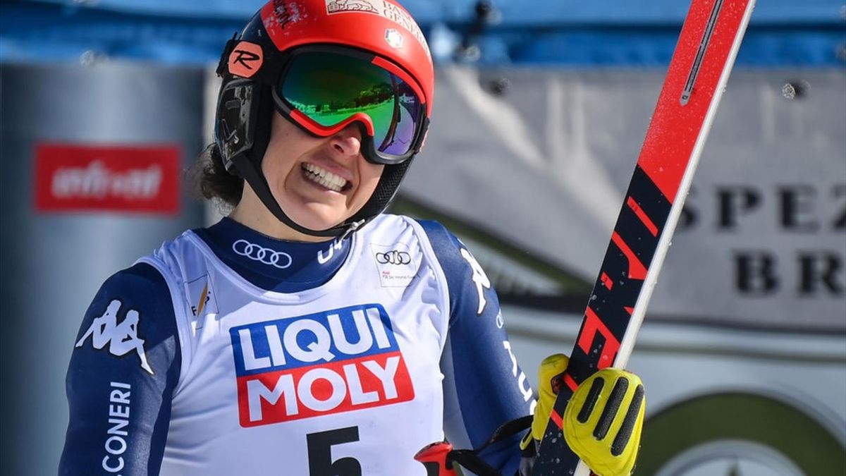 Federica Brignone reacts in the finish area during the FIS Alpine Ski Women's World Cup Super G event, in Val di Fassa, northern Italy Alps, on February 28, 2021