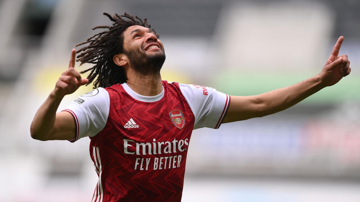 Mohamed Elneny of Arsenal celebrates after scoring their side's first goal during the Premier League match between Newcastle United and Arsenal at St. James Park on May 02, 2021 in Newcastle upon Tyne