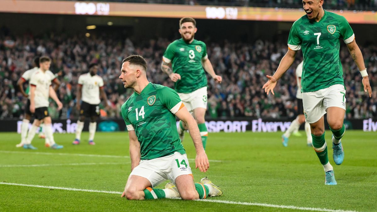 Dublin , Ireland - 26 March 2022; Alan Browne of Republic of Ireland celebrates after scoring his side's second goal during the international friendly match between Republic of Ireland and Belgium at the Aviva Stadium in Dublin. (Photo By Stephen McCarthy