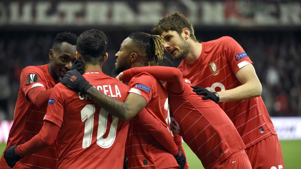 Samuel Bastien midfielder of Standard Liege celebrates with teammates after scoring during the UEFA Europa League group F match between Standard Liege and Arsenal Football Club on December 12, 2019 in Liege, Belgium, 12/12/2019