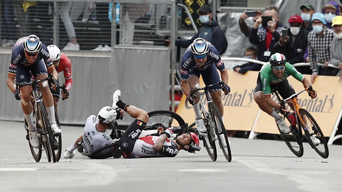 Caleb Ewan crashed on the final sprint to the line