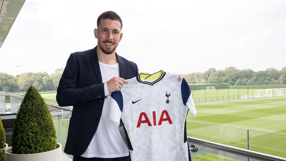 New signing Pierre-Emile Hojbjerg of Tottenham Hotspur is unveiled by the club on August 11, 2020 in Enfield, England
