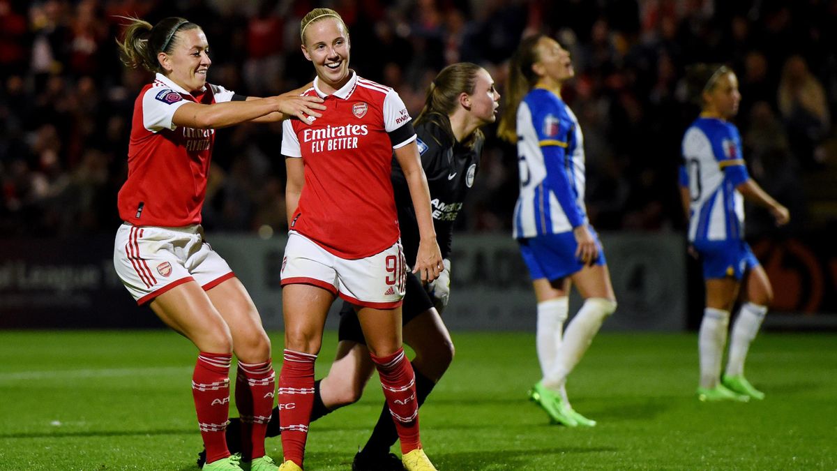 Beth Mead of Arsenal celebrates with team mate Katie McCabe after scoring their sides fourth goal during the FA Women's Super League match between Arsenal WFC and Brighton & Hove Albion WFC at Meadow Park on September 16, 2022 in Borehamwood, England.