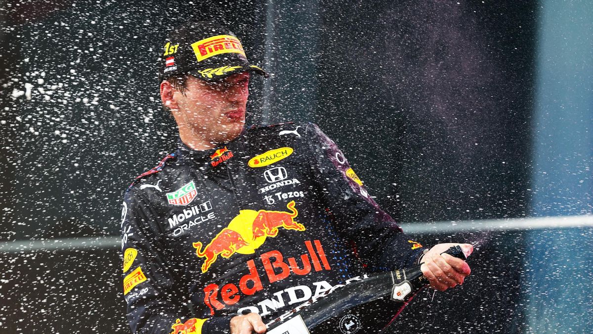 Race winner Max Verstappen of Netherlands and Red Bull Racing celebrates on the podium during the F1 Grand Prix of Styria at Red Bull Ring on June 27, 2021 in Spielberg, Austria.
